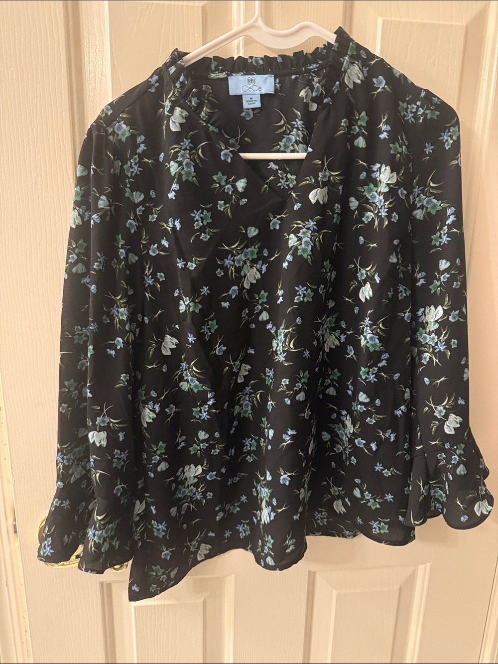 CeCe Black Floral V-Neck Blouse with Blue & Green Print